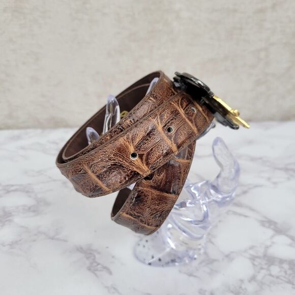 Elephant Buckle Gold Silver Toned Genuine Leather Embossed Croc Pattern - Picture 2 of 11